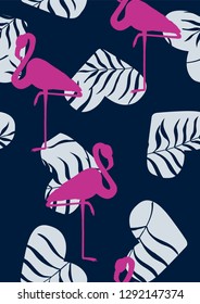 Pattern with pink flamingo. Floral seamless pattern with flamingo and tropical leaves.