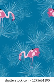 Pattern with pink flamingo. Floral seamless pattern with flamingo and tropical leaves.