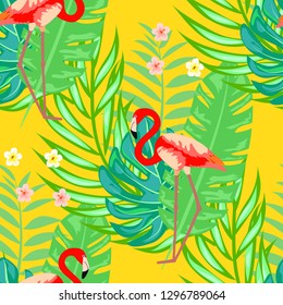 Pattern with pink flamingo. Floral seamless pattern with flamingo and tropical leaves.