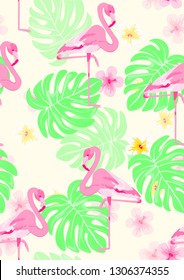 Pattern with pink flamingo. Floral seamless pattern with flamingo and tropical leaves.