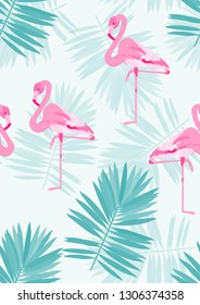 Pattern with pink flamingo. Floral seamless pattern with flamingo and tropical leaves.