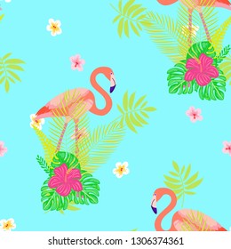 Pattern with pink flamingo. Floral seamless pattern with flamingo and tropical leaves.