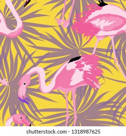 Pattern with pink flamingo. Floral seamless pattern with flamingo and tropical leaves.