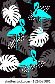Pattern with pink flamingo. Floral seamless pattern with flamingo and tropical leaves.