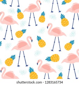 Pattern with pink flamingo, fruit 
pineapple, leaves, hand drawn vector watercolor illustration