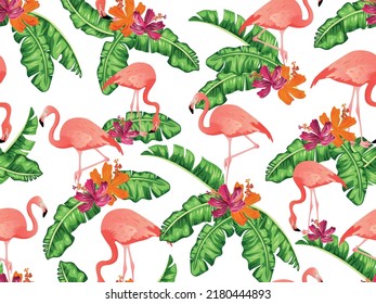 
Pattern of pink flamingo, hibiscus and exotic leaves on a white background. Vector illustration.