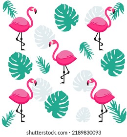 Pattern Pink flamingo on the background of exotic leaves