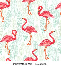 Pattern with pink flamingo ornaments on a background of leaves. Vector illustration.