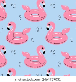 Pattern of pink flamingo rubber pool  rings. Swim rings in flat style on white background. Swimming in pool with rubber circles, summertime water activities. Rubber toy for water and beach.