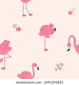 Pattern with pink flamingos, fish and sea star on a peach background. Pink flamingo in flat style. Seamless pattern for textile, wrapping paper, background.