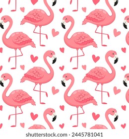 Pattern with pink flamingos and hearts on a transparent background. Pink flamingo in flat style. Seamless pattern for textile, wrapping paper, background.	