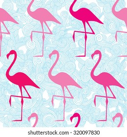 A pattern of pink flamingos on a blue background of circles.
