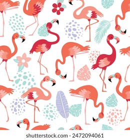 Pattern with pink flamingos and tropical leaves on a white background. Pink flamingo in flat style. Seamless pattern for textile, wrapping paper, background.