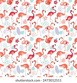 Pattern with pink flamingos and tropical leaves on a white background. Pink flamingo in flat style. Seamless pattern for textile, wrapping paper, background.