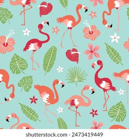 Pattern with pink flamingos and tropical leaves on a blue background. Pink flamingo in flat style. Seamless pattern for textile, wrapping paper, background.