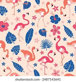 Pattern with pink flamingos and tropical leaves on pink background. Pink flamingo in flat style. Seamless pattern for textile, wrapping paper, background.