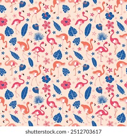 Pattern with pink flamingos and tropical leaves on pink background. Pink flamingo in flat style. Seamless pattern for textile, wrapping paper, background.