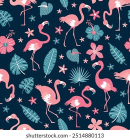 Pattern with pink flamingos and tropical leaves on blue background. Pink flamingo in flat style. Seamless pattern for textile, wrapping paper, background.