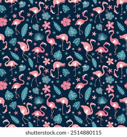 Pattern with pink flamingos and tropical leaves on blue background. Pink flamingo in flat style. Seamless pattern for textile, wrapping paper, background.