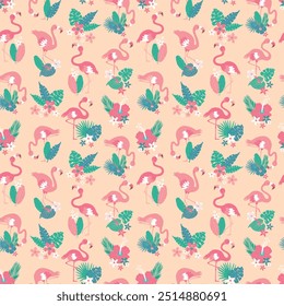 Pattern with pink flamingos and tropical leaves on pink background. Pink flamingo in flat style. Seamless pattern for textile, wrapping paper, background.