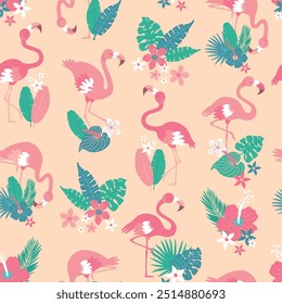 Pattern with pink flamingos and tropical leaves on pink background. Pink flamingo in flat style. Seamless pattern for textile, wrapping paper, background.