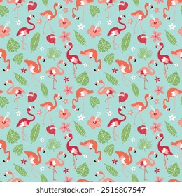 Pattern with pink flamingos and tropical leaves on a blue background. Pink flamingo in flat style. Seamless pattern for textile, wrapping paper, background.