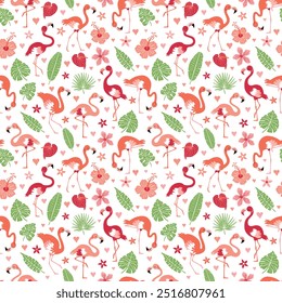 Pattern with pink flamingos and tropical leaves on a white background. Pink flamingo in flat style. Seamless pattern for textile, wrapping paper, background.