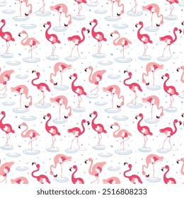 Pattern with pink flamingos and tropical leaves on a white background. Pink flamingo in flat style. Seamless pattern for textile, wrapping paper, background.