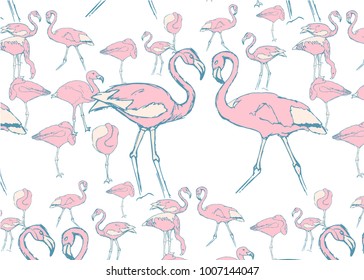 pattern with pink flamingos in the water in different poses and two flamingas with neck in the shape of a heart