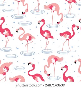 Pattern pink flamingos in water tropical on a white background. Pink flamingo in flat style. Seamless pattern for textile, wrapping paper, background.