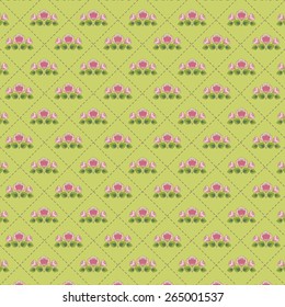 The pattern with pink flower bouquets drawn on a light green quilted background    