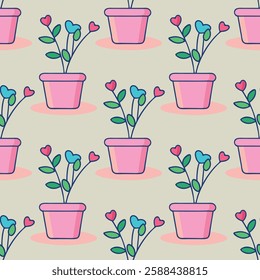 A pattern of pink flower pots with hearts on them. The pots are arranged in a row and are all the same size