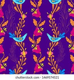 Pattern with pink flowers and blue birds on a purple background. Vector illustration.