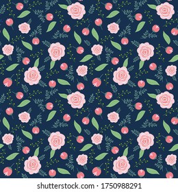 pattern of pink flowers, buds and leaves on a dark background. roses, peonies, wildflowers. pastel colors
