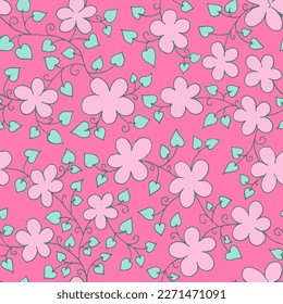 Patrón de flores rosadas con hojas verdes. Ilustración perfecta. Para imprimir.