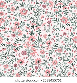 A pattern of pink flowers and green leaves on a white background