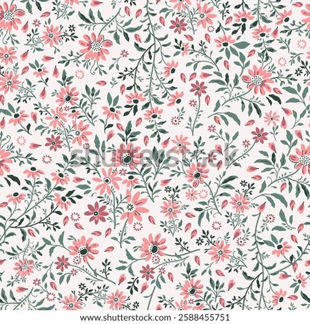 A pattern of pink flowers and green leaves on a white background