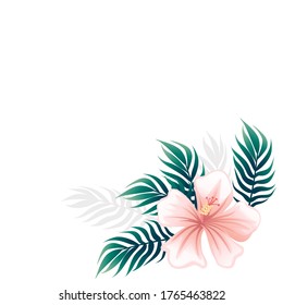 Patrón con flores rosas y hojas tropicales verdes ilustración vectorial plana en fondo blanco