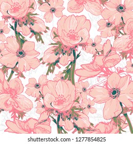 Pattern with pink flowers. Hand drawn watercolor illustration. Floral summer print
