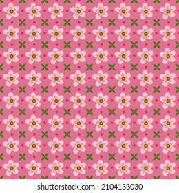 Pattern with pink flowers and leaves with dots. Floral ornament. Vector illustration on a pink background. For covers, prints, packaging, flyers, fabrics, fashion industry and shops, stationery.