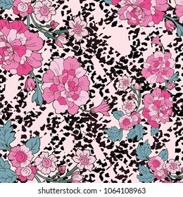 Pattern with pink flowers and leaves on white background, watercolor floral pattern, flower rose in pastel color, for wallpaper, card or fabric. Tropical botanical Motifs vector texture