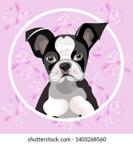 Pattern with pink flowers and a little puppy