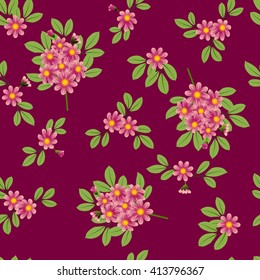 Pattern pink flowers on burgundy