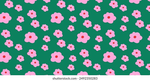 Ein Muster von rosa Blumen auf einem grünen Hintergrund.