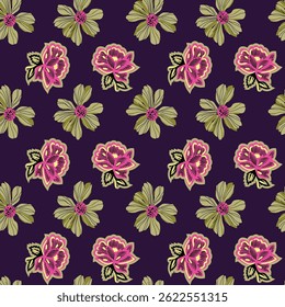 a pattern with pink flowers on purple background