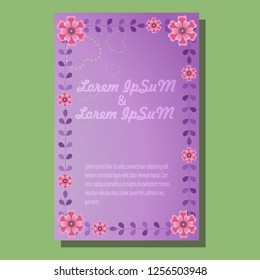 Pattern of pink flowers and purple leaves, on a lilac background. Option to design print or promotional products, greeting cards, invitations to a holiday, birthday, wedding or other event.