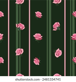 pattern with pink flowers roses on a green background with light green and rose vertical stripes