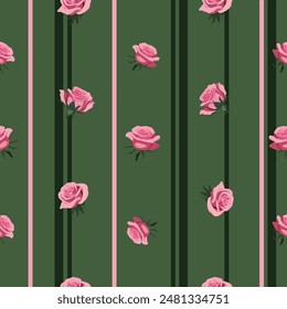 patrón con rosas rosadas sobre fondo verde claro con rayas de Vertical