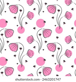 Pattern pink flowers stylized doodle drawing, ginkgo leaf with hearts. Elegant design for decoration.