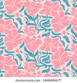 A pattern with pink flowers of various abstract shapes drawn, with leaves, hearts and stems